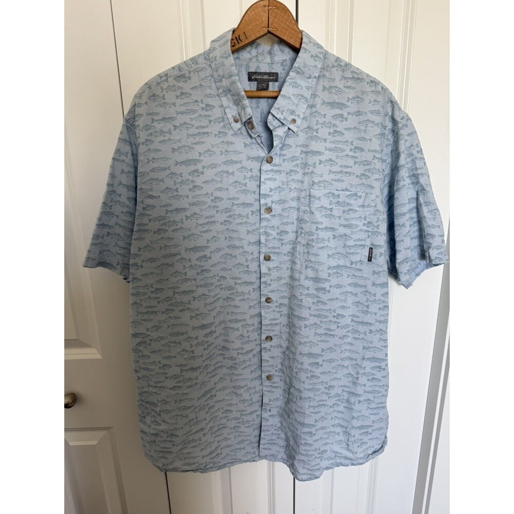 Eddie Bauer Kingston Light Blue Fish Fishing Outdoor Button Down Shirt Size XLT